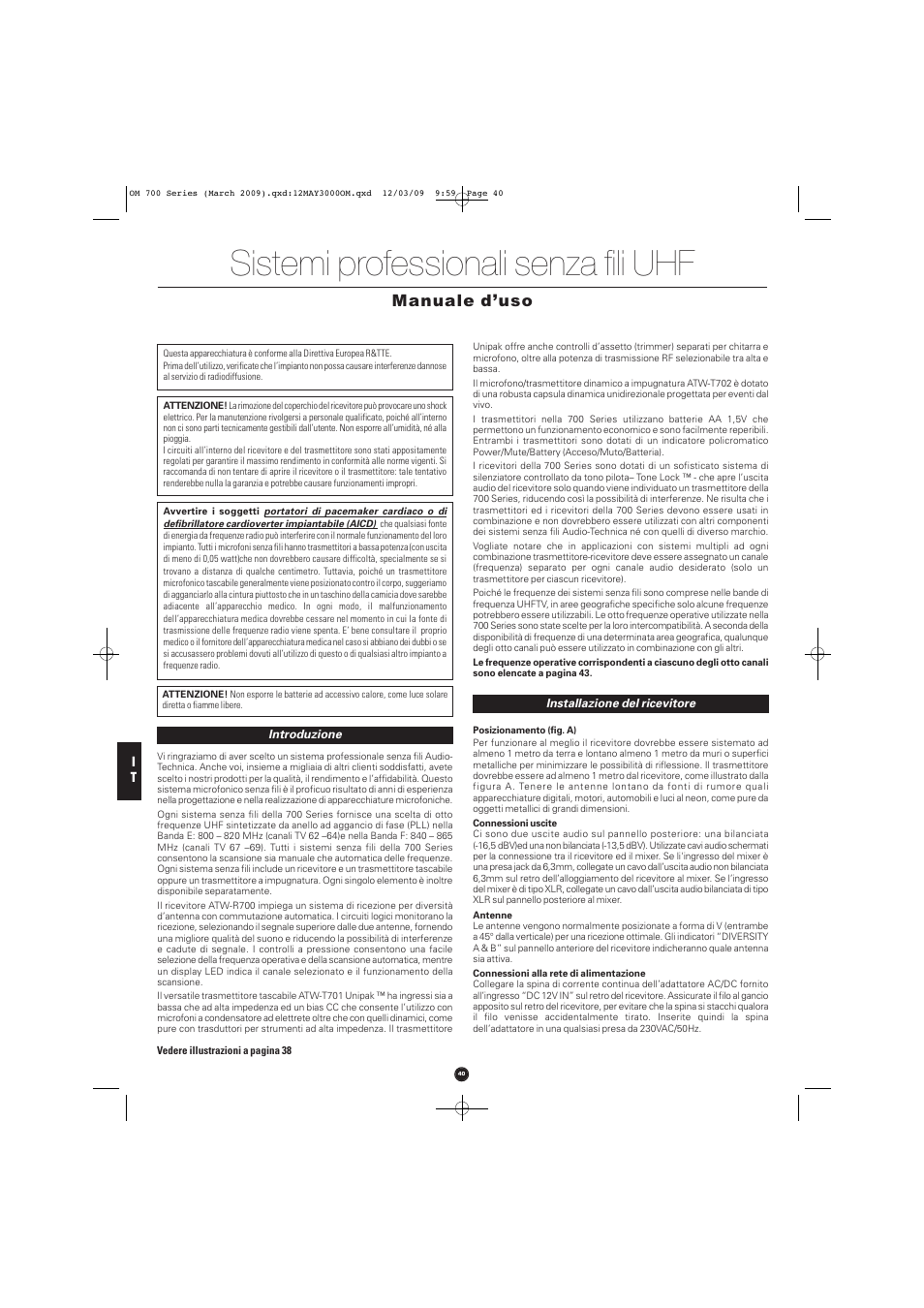 Sistemi professionali senza fili uhf, Manuale d’uso | Audio-Technica ATW-T701 User Manual | Page 40 / 65