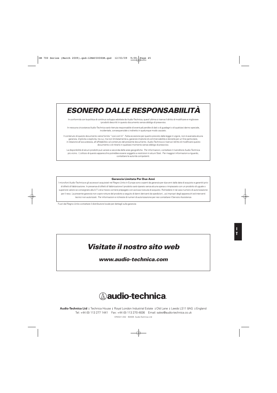 Visitate il nostro sito web, Esonero dalle responsabiilità | Audio-Technica ATW-T701 User Manual | Page 45 / 65