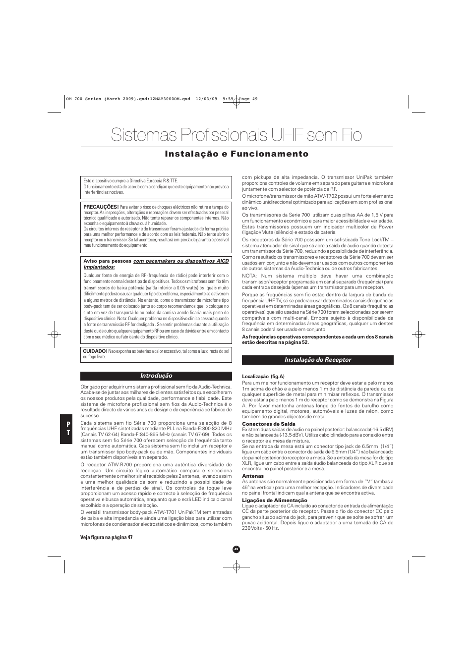 Sistemas profissionais uhf sem fio, Instalação e funcionamento | Audio-Technica ATW-T701 User Manual | Page 49 / 65