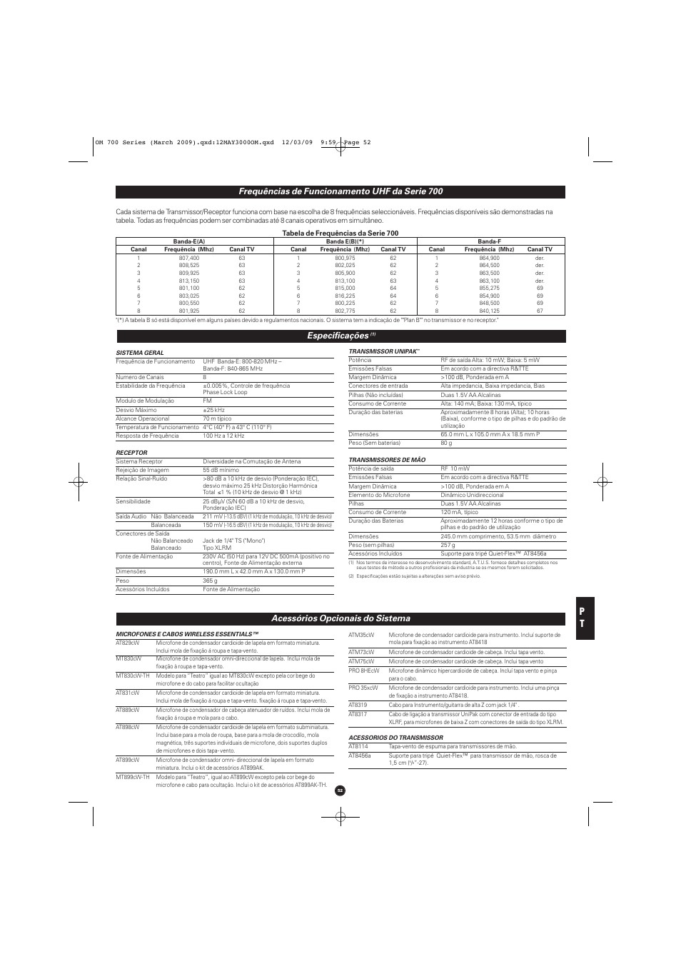 Especificações, Acessórios opcionais do sistema, Frequências de funcionamento uhf da serie 700 | Audio-Technica ATW-T701 User Manual | Page 52 / 65