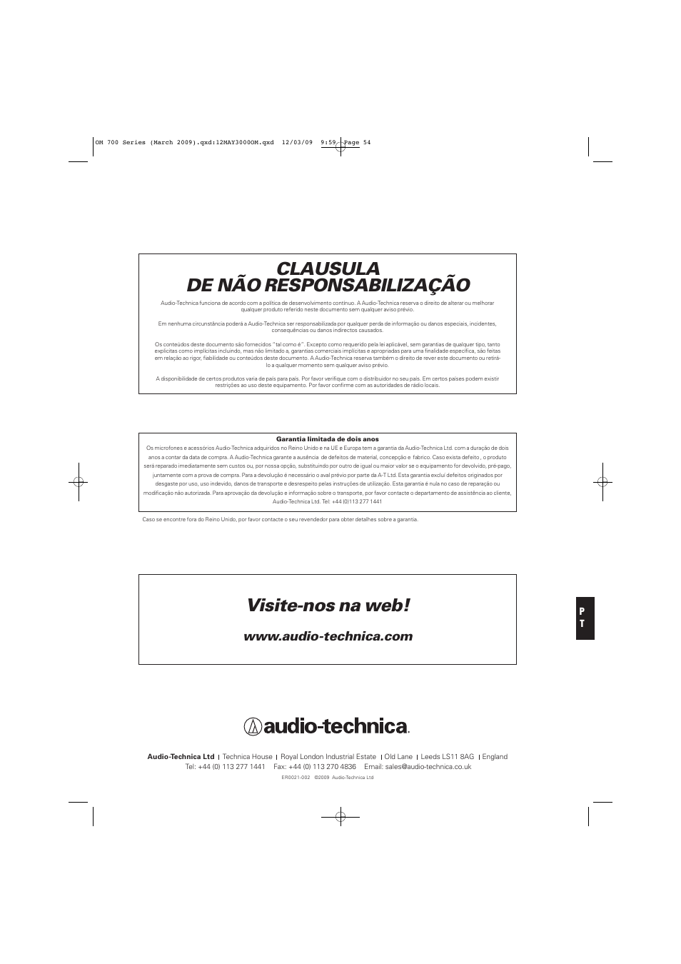 Visite-nos na web, Clausula de não responsabilização | Audio-Technica ATW-T701 User Manual | Page 54 / 65