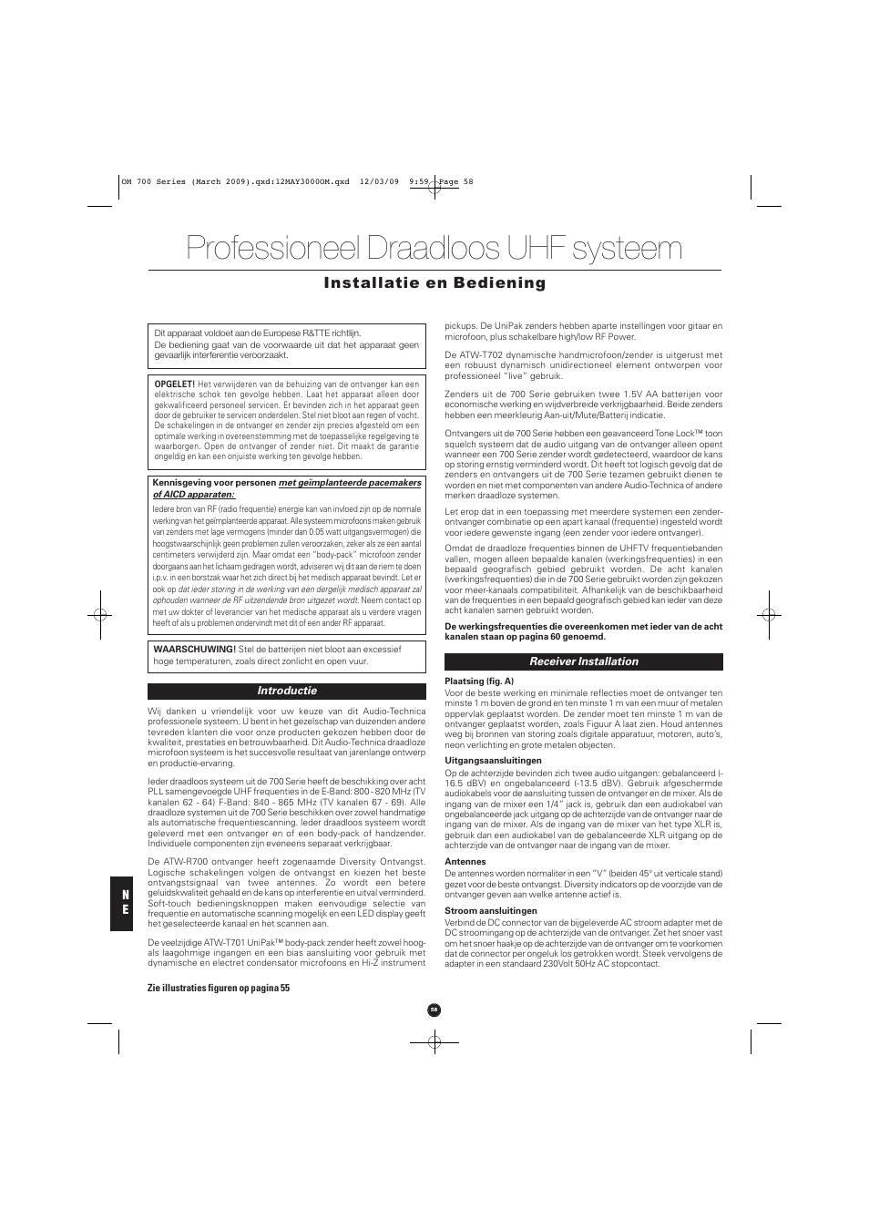 Professioneel draadloos uhf systeem, Installatie en bediening | Audio-Technica ATW-T701 User Manual | Page 58 / 65