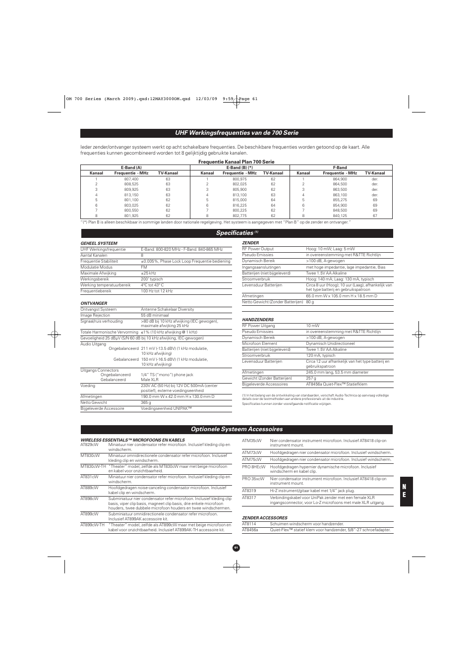 Specificaties, Optionele systeem accessoires, Uhf werkingsfrequenties van de 700 serie | Audio-Technica ATW-T701 User Manual | Page 61 / 65