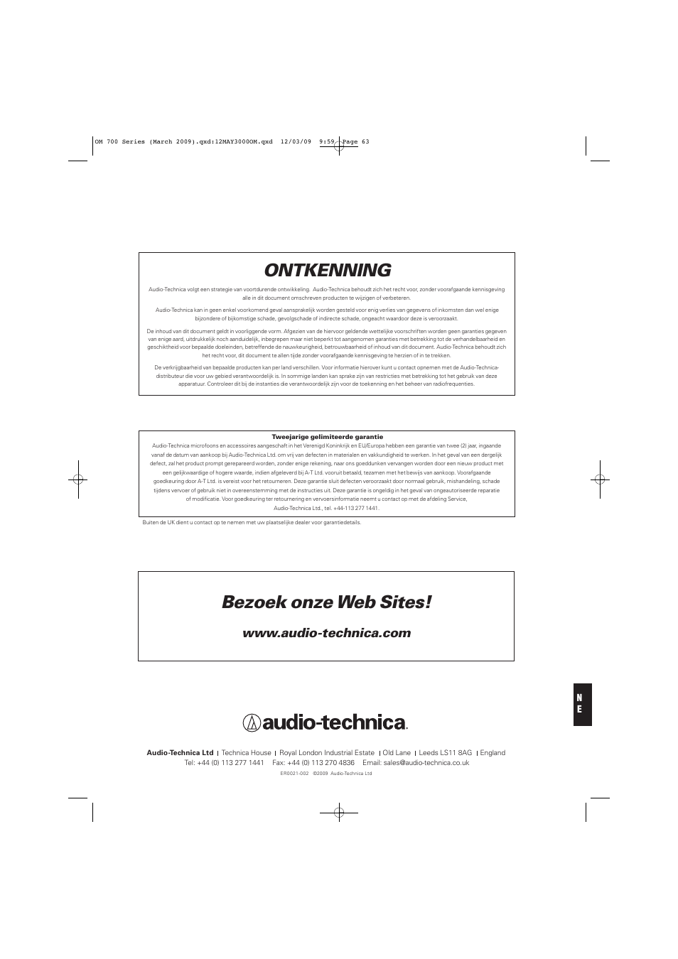 Bezoek onze web sites, Ontkenning | Audio-Technica ATW-T701 User Manual | Page 63 / 65