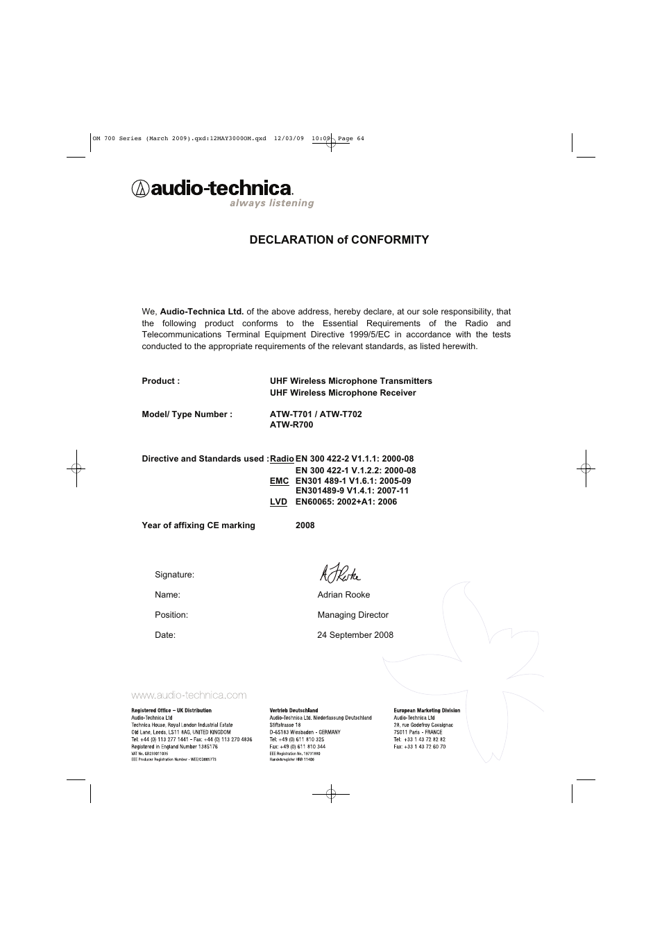 Declaration of conformity | Audio-Technica ATW-T701 User Manual | Page 64 / 65