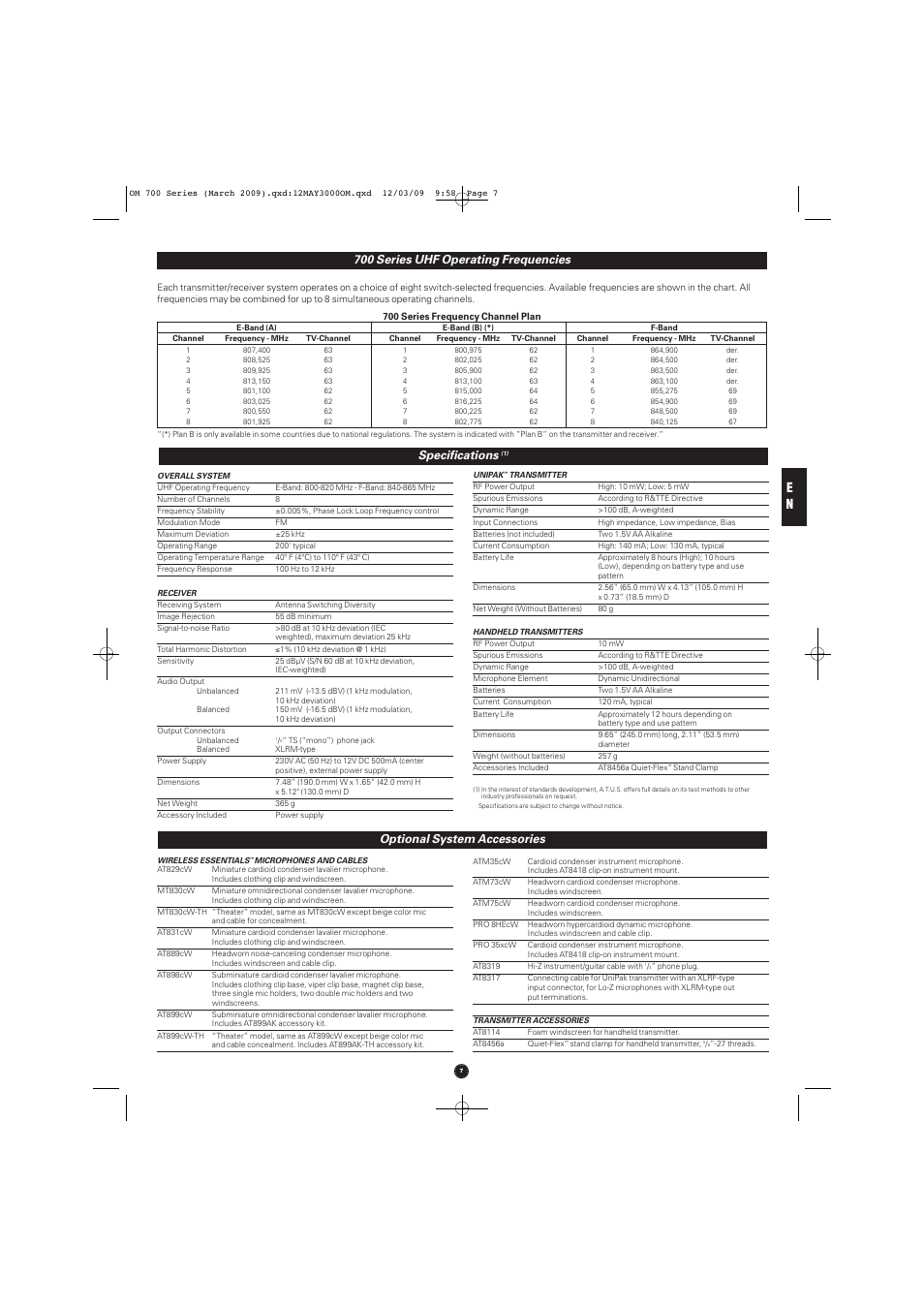 Specifications, Optional system accessories, 700 series uhf operating frequencies | Audio-Technica ATW-T701 User Manual | Page 7 / 65