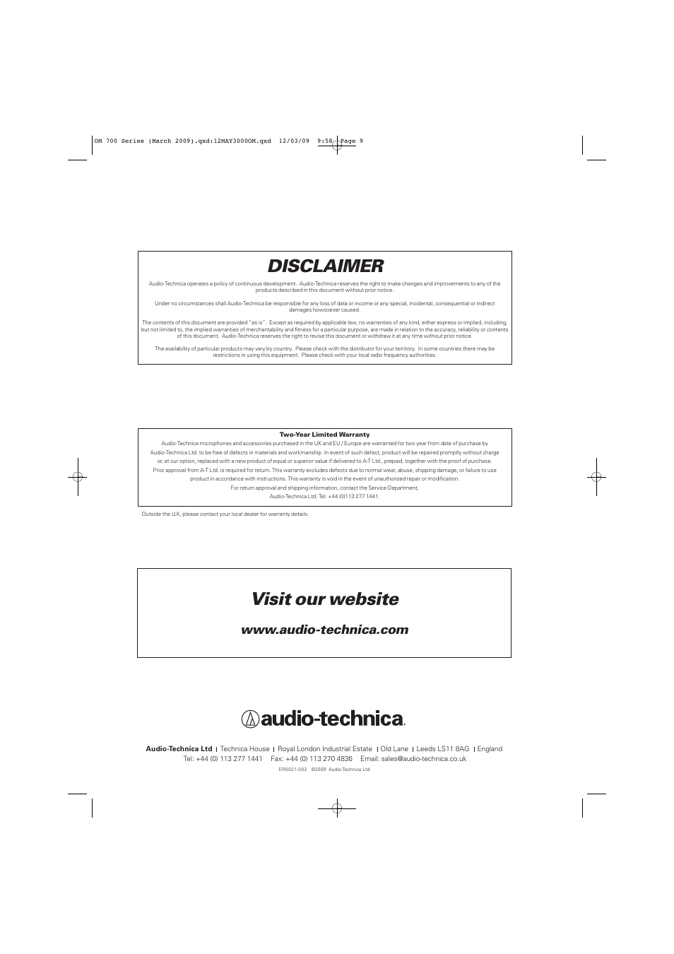 Visit our website, Disclaimer | Audio-Technica ATW-T701 User Manual | Page 9 / 65