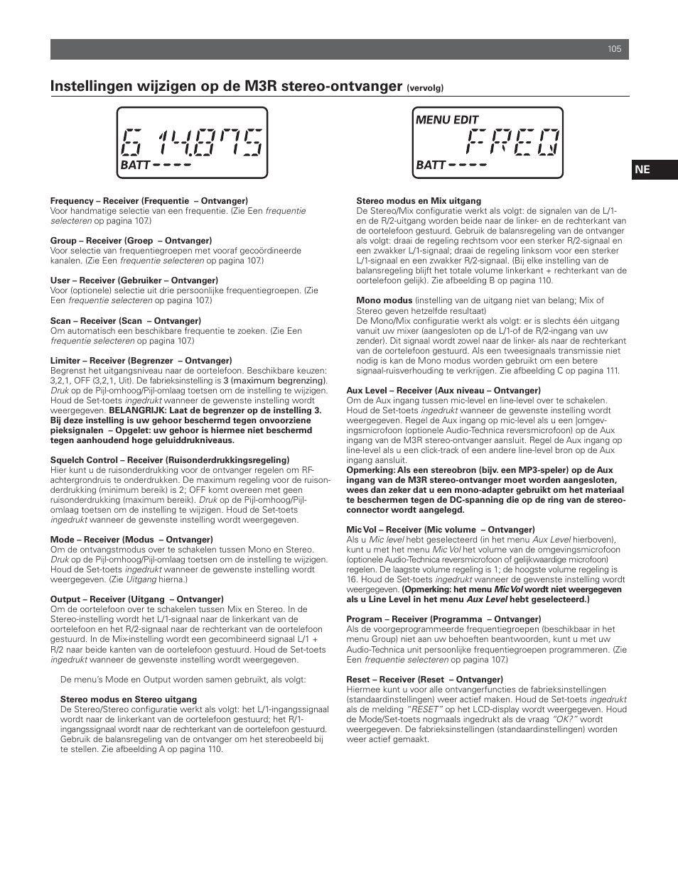 Instellingen wijzigen op de m3r stereo-ontvanger | Audio-Technica M3R User Manual | Page 105 / 120