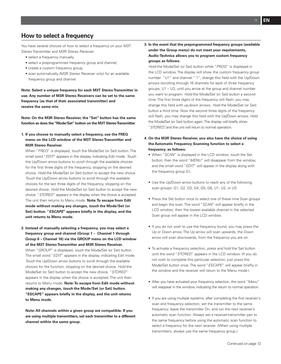 How to select a frequency | Audio-Technica M3R User Manual | Page 11 / 120