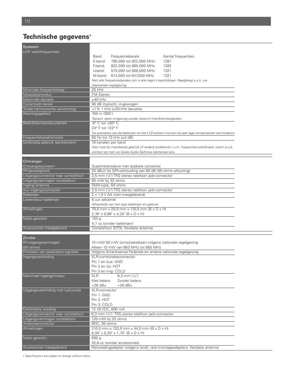 Technische gegevens | Audio-Technica M3R User Manual | Page 112 / 120