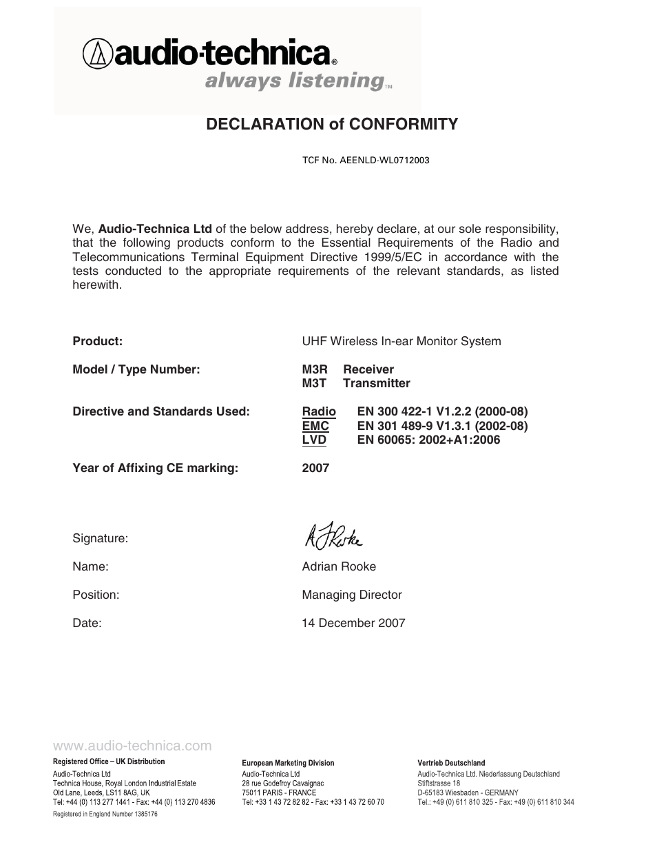 Declaration of conformity | Audio-Technica M3R User Manual | Page 119 / 120