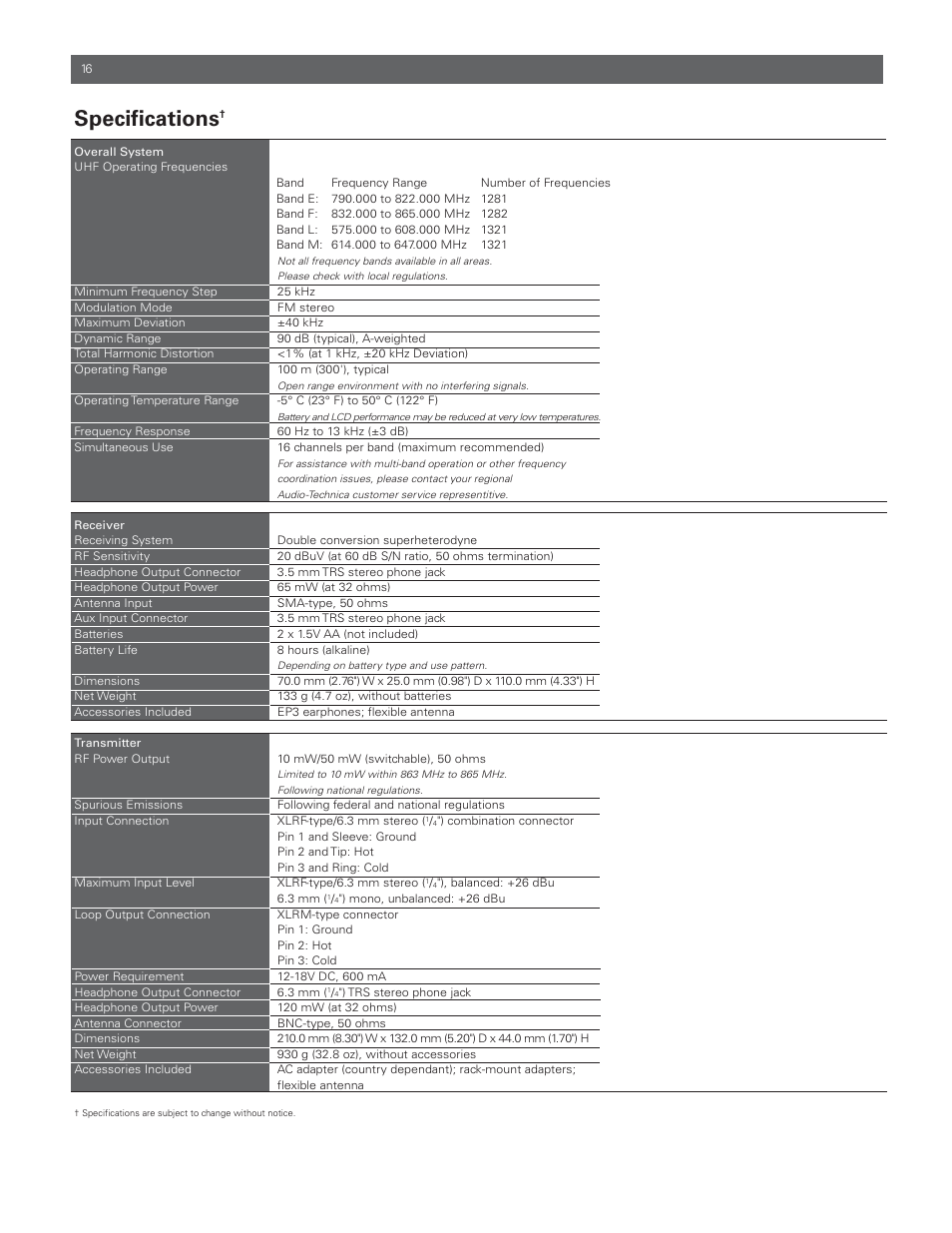 Specifications | Audio-Technica M3R User Manual | Page 16 / 120