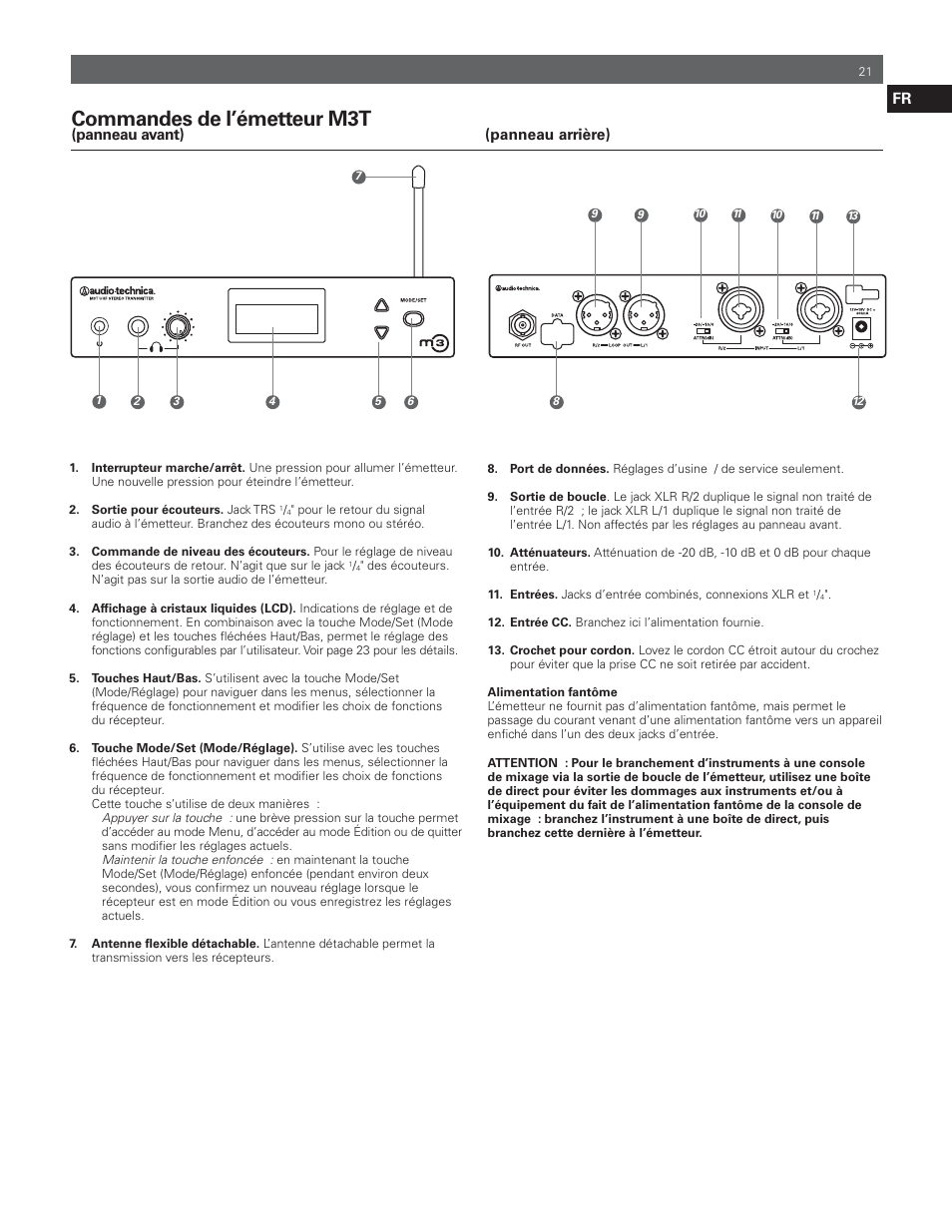 Commandes de l’émetteur m3t | Audio-Technica M3R User Manual | Page 21 / 120