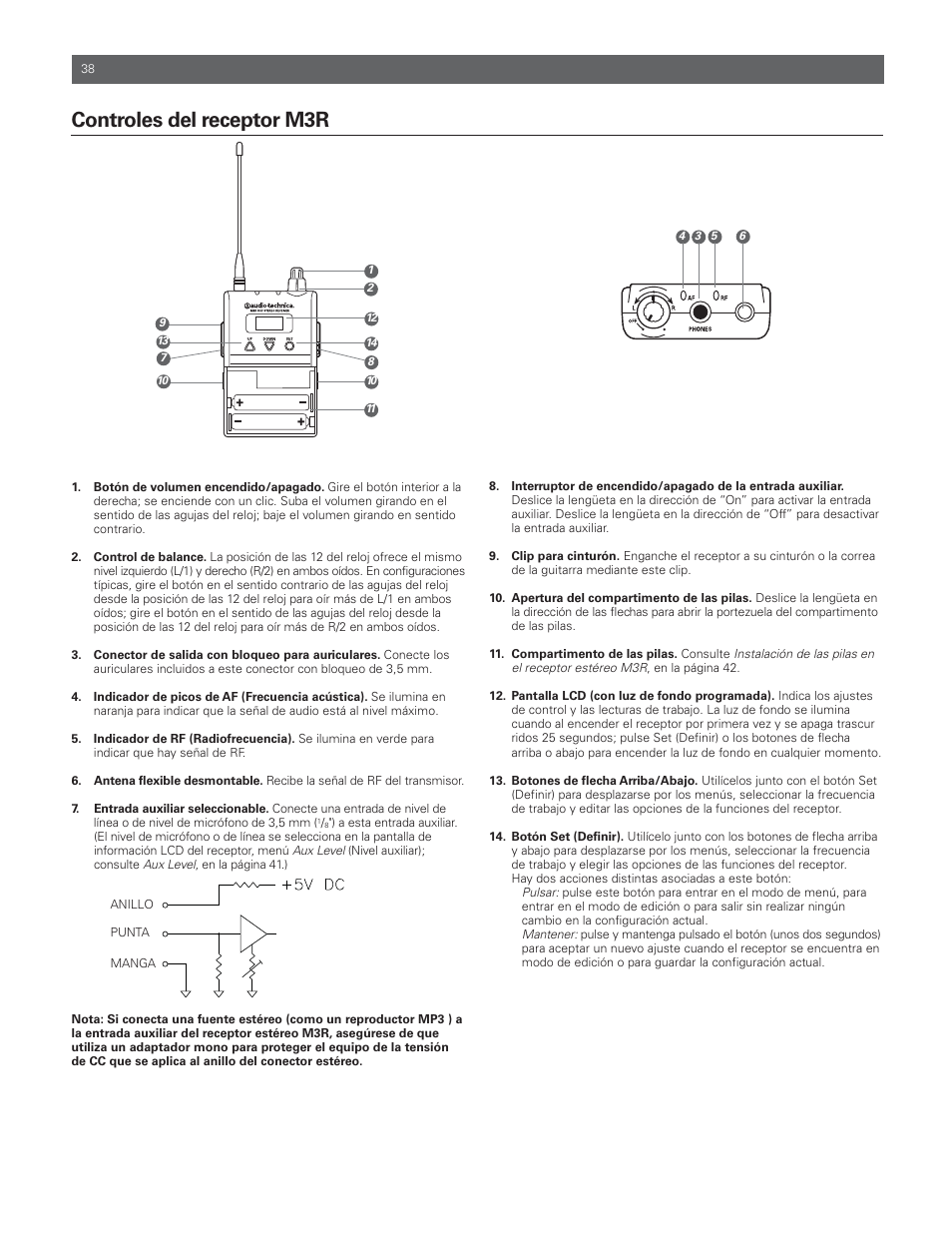 Controles del receptor m3r | Audio-Technica M3R User Manual | Page 38 / 120