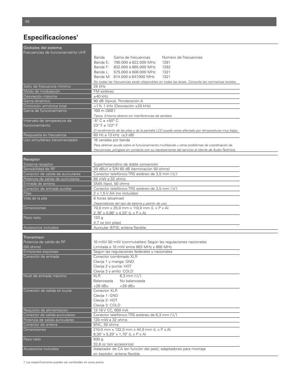 Especificaciones | Audio-Technica M3R User Manual | Page 48 / 120