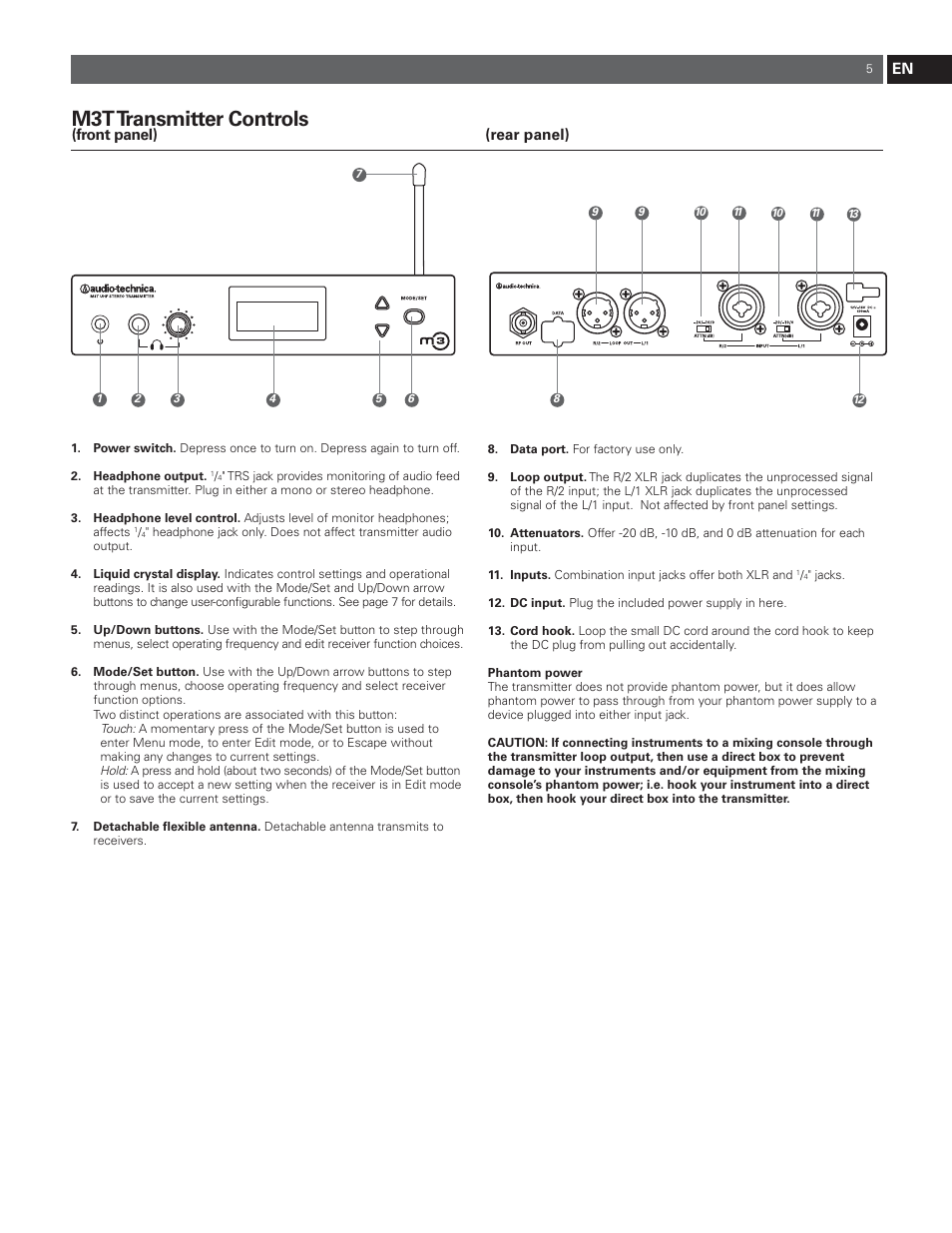 M3t transmitter controls | Audio-Technica M3R User Manual | Page 5 / 120