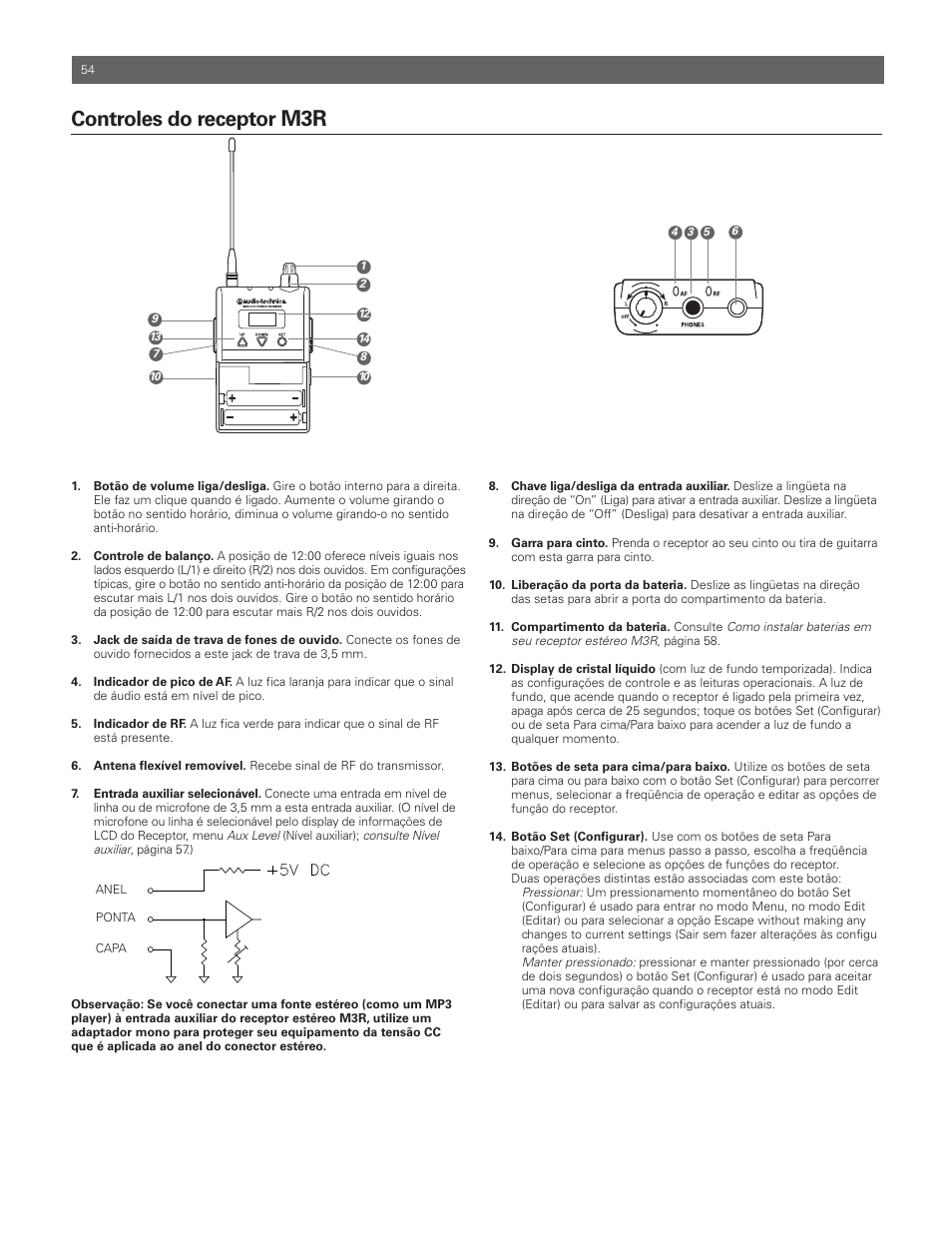 Controles do receptor m3r | Audio-Technica M3R User Manual | Page 54 / 120