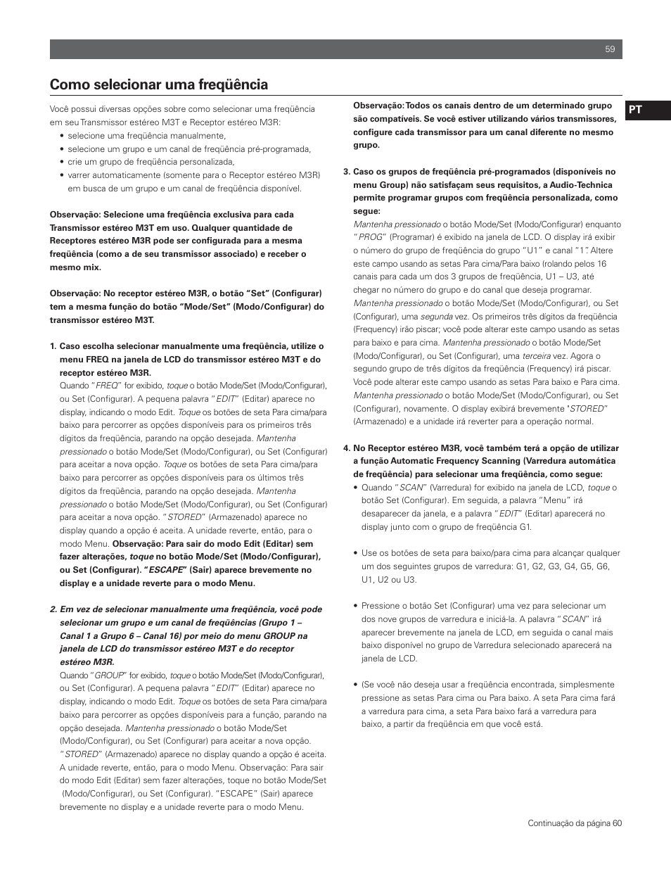 Como selecionar uma freqüência | Audio-Technica M3R User Manual | Page 59 / 120