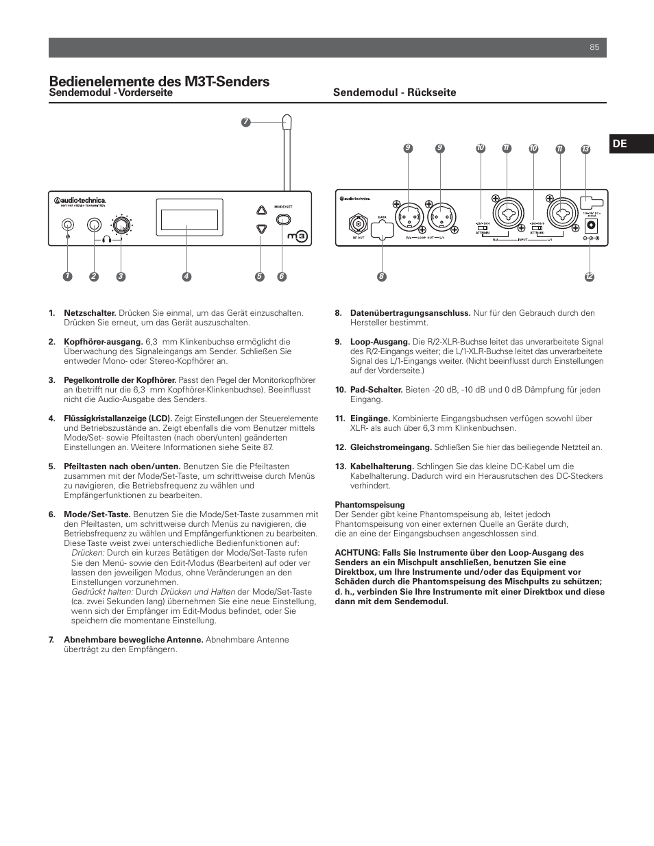 Bedienelemente des m3t-senders | Audio-Technica M3R User Manual | Page 85 / 120