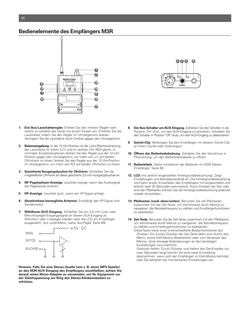 Bedienelemente des empfängers m3r | Audio-Technica M3R User Manual | Page 86 / 120
