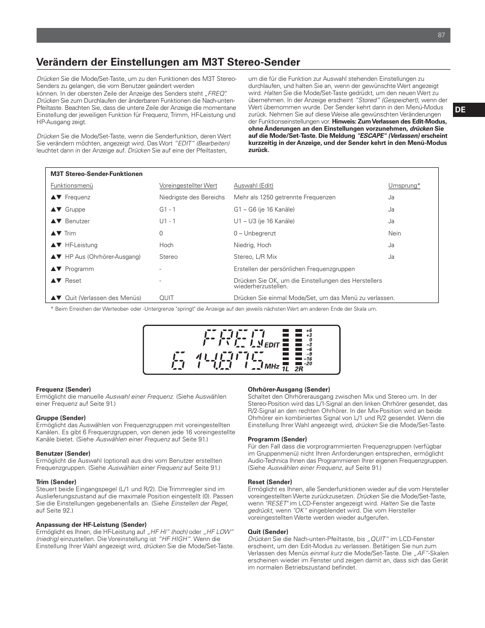 Verändern der einstellungen am m3t stereo-sender | Audio-Technica M3R User Manual | Page 87 / 120