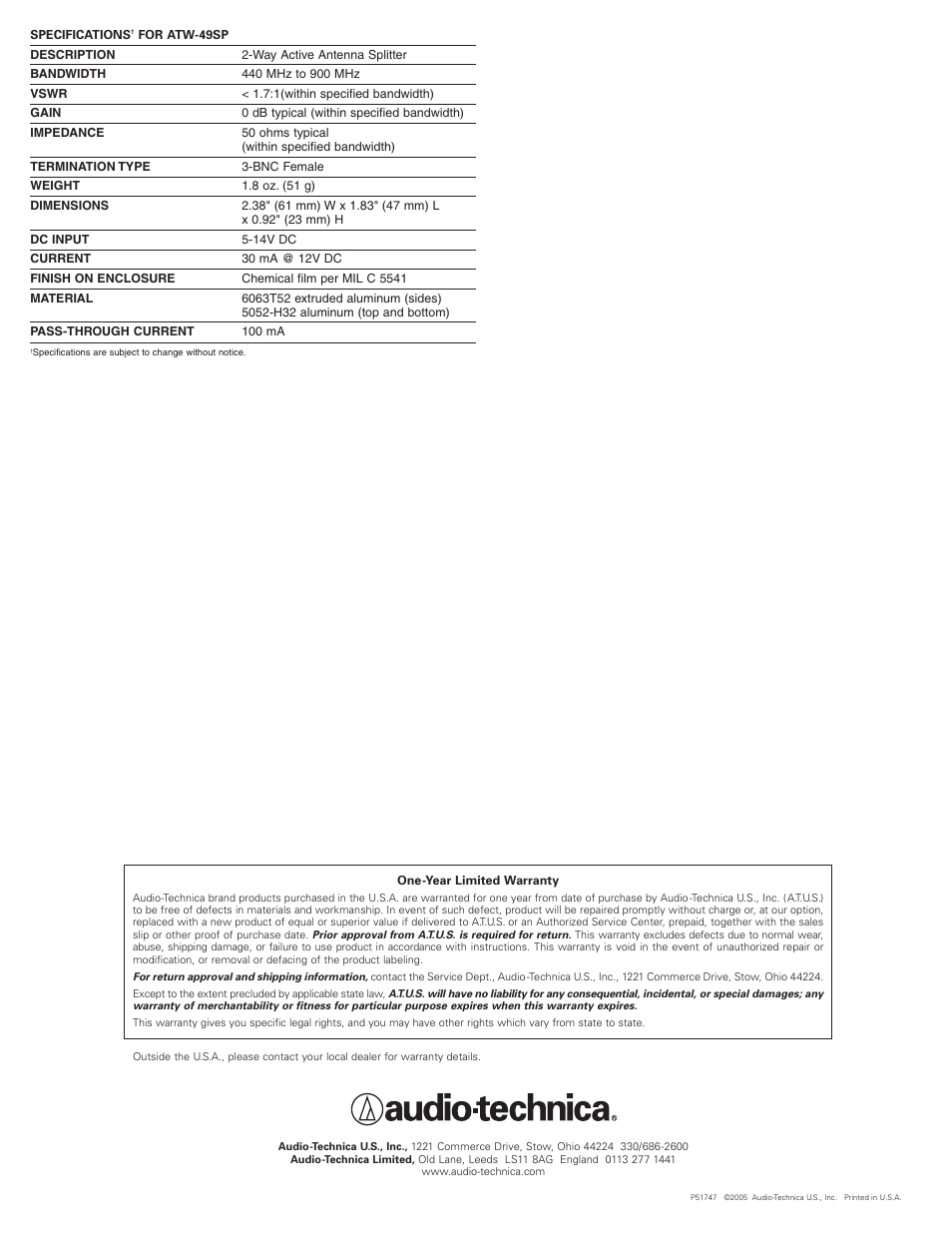 Audio-Technica ATW-49SP User Manual | Page 2 / 2