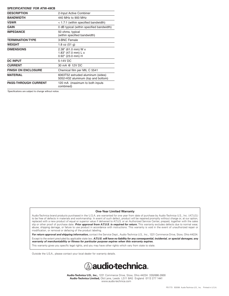 Audio-Technica ATW-49CB User Manual | Page 2 / 2