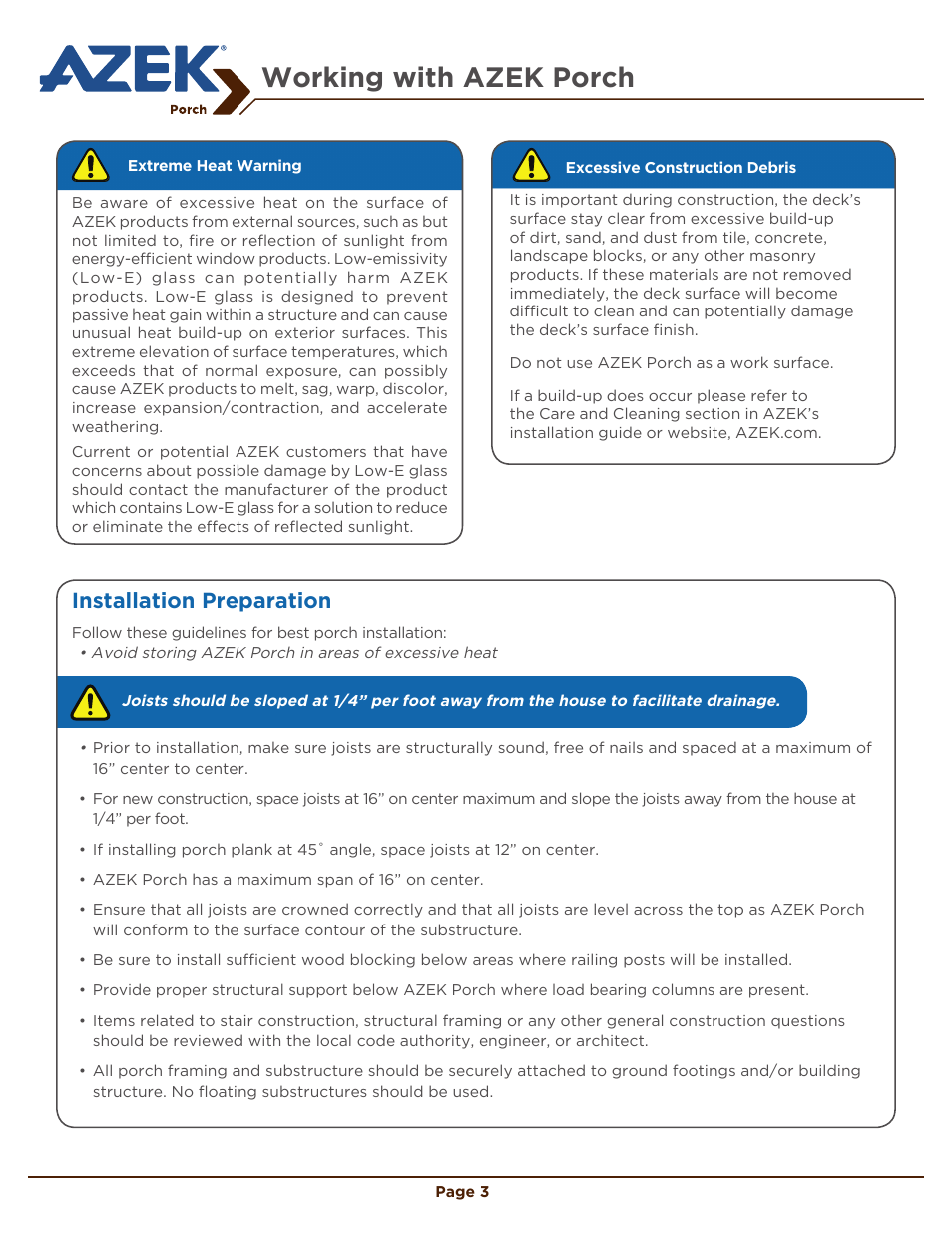 Working with azek porch, Installation preparation | AZEK Porch EN User Manual | Page 3 / 8