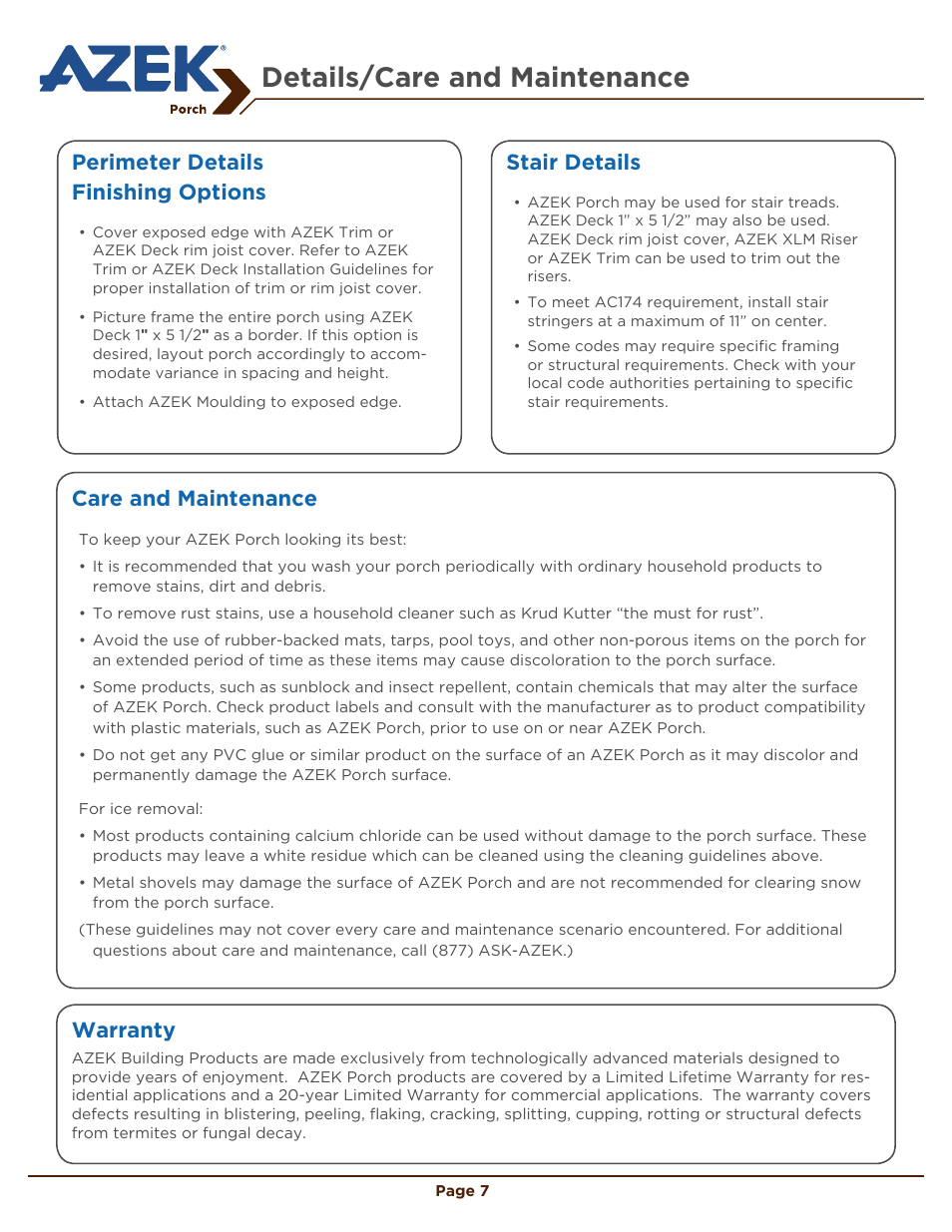 Details/care and maintenance, Perimeter details finishing options, Stair details | Care and maintenance, Warranty | AZEK Porch EN User Manual | Page 7 / 8