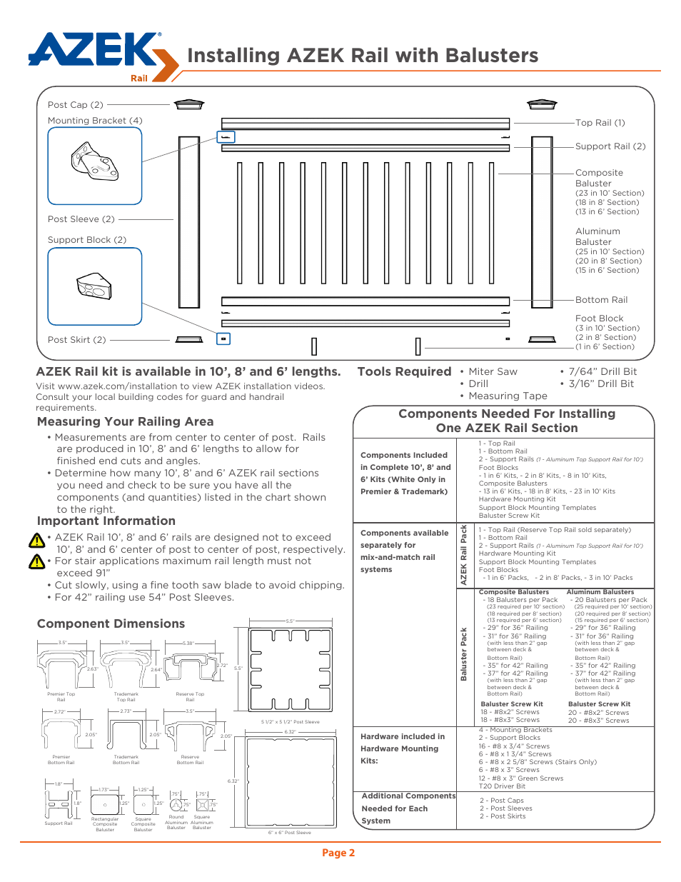 Installing azek rail with balusters, Page 2 | AZEK Rail User Manual | Page 2 / 12