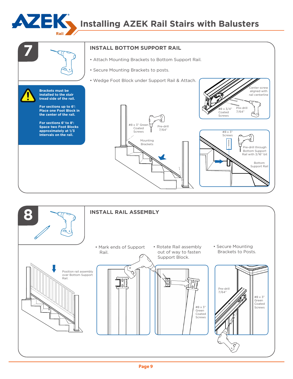 Installing azek rail stairs with balusters, Install rail assembly install bottom support rail | AZEK Rail User Manual | Page 9 / 12