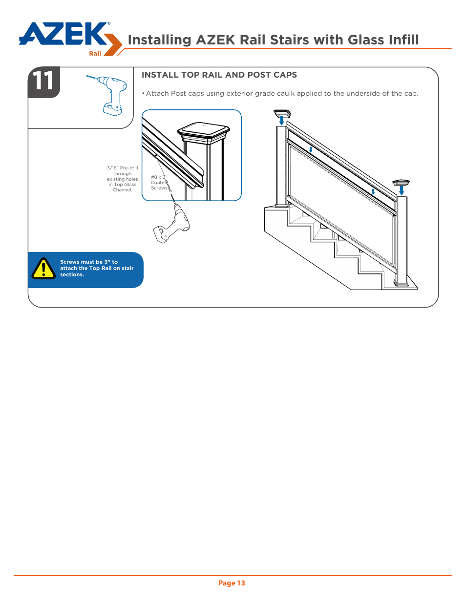 Installing azek rail stairs with glass infill | AZEK Rail User Manual | Page 13 / 16