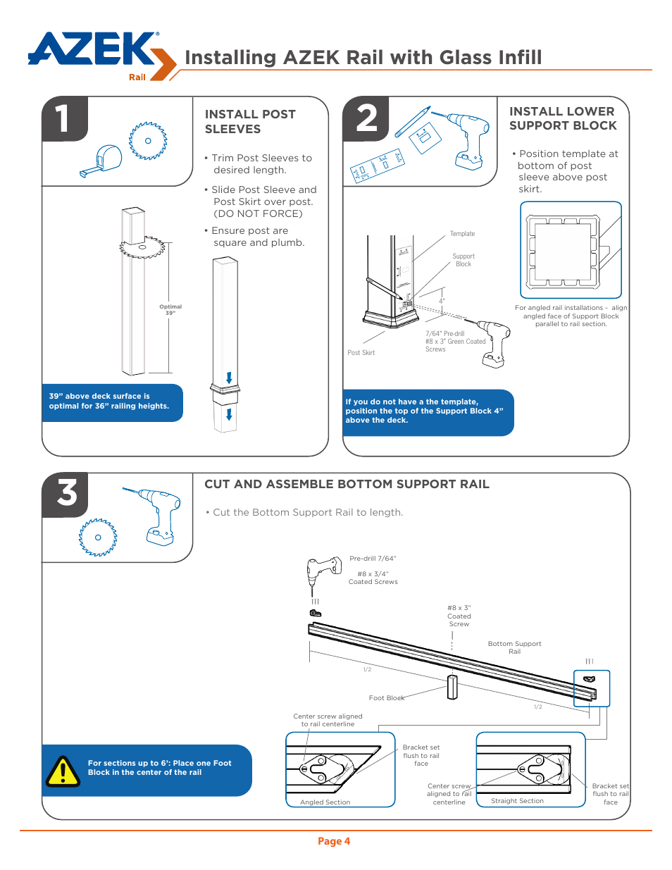 Installing azek rail with glass infill, Install lower support block, Cut and assemble bottom support rail | Install post sleeves | AZEK Rail User Manual | Page 4 / 16