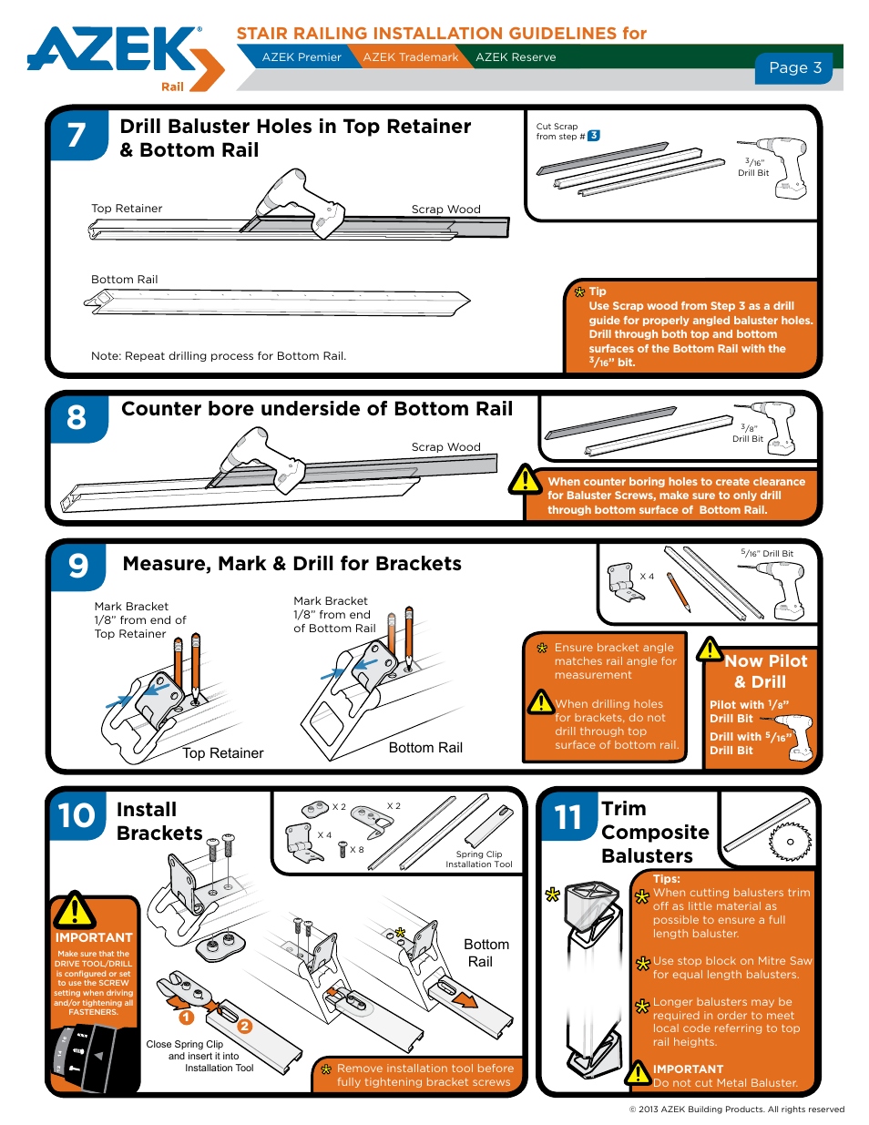 Drill baluster holes in top retainer & bottom rail, Trim composite balusters, Stair railing installation guidelines for | Now pilot & drill, Page 3 | AZEK Stair Rail User Manual | Page 3 / 4