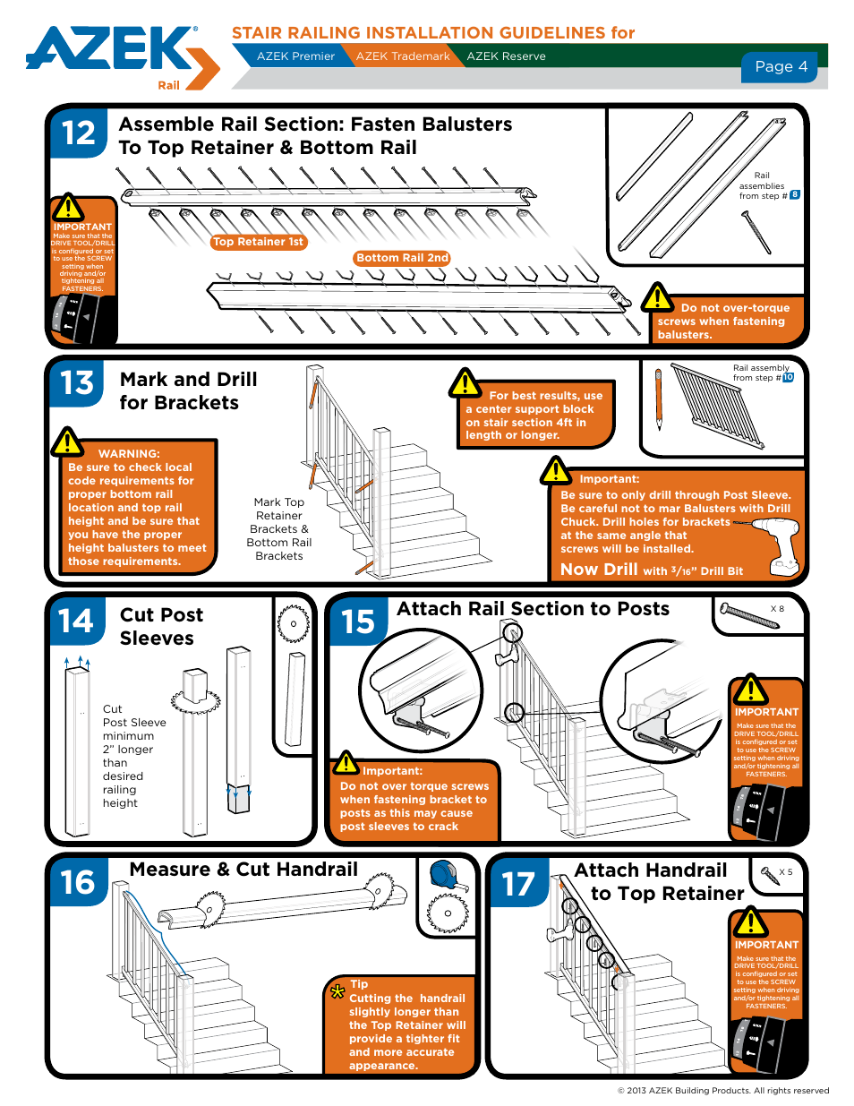 Mark and drill for brackets cut post sleeves, Measure & cut handrail, Attach handrail to top retainer | Stair railing installation guidelines for, Now drill, Page 4 | AZEK Stair Rail User Manual | Page 4 / 4