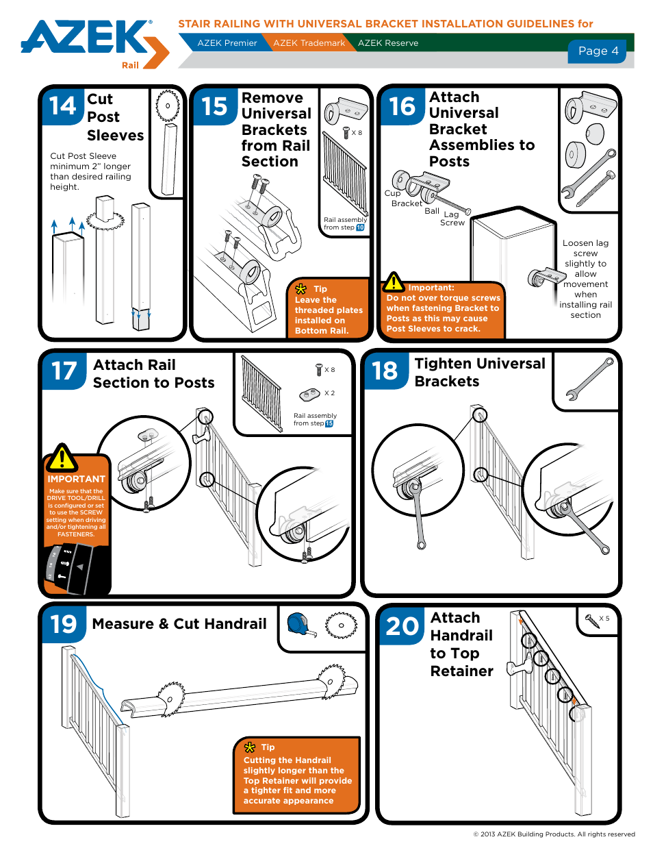 Cut post sleeves, Attach handrail to top retainer, Attach universal bracket assemblies to posts | Tighten universal brackets | AZEK Stair Rail with Universal Bracket User Manual | Page 4 / 4