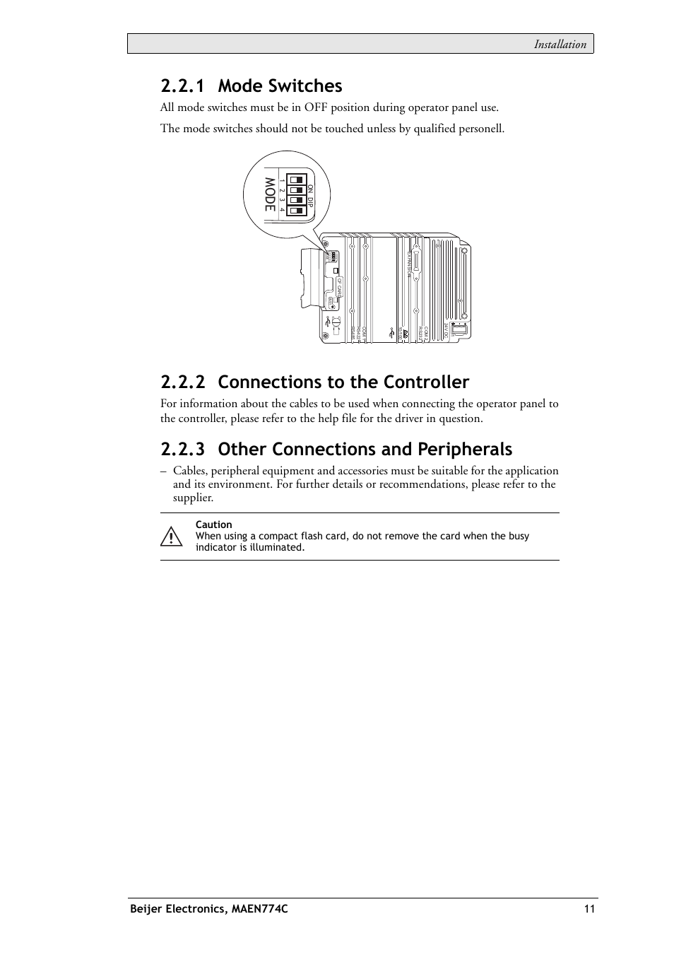 1 mode switches, 2 connections to the controller, 3 other connections and peripherals | Mode, Installation | Beijer Electronics EXTER T100 EN User Manual | Page 11 / 26