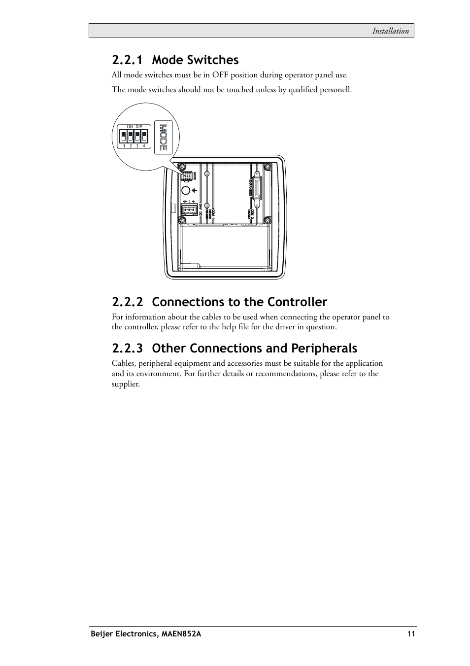 1 mode switches, 2 connections to the controller, 3 other connections and peripherals | Beijer Electronics EXTER K20m EN User Manual | Page 11 / 28