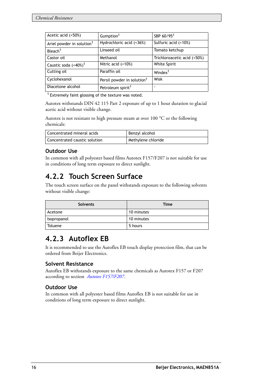 2 touch screen surface 4.2.3 autoflex eb, 2 touch screen surface, 3 autoflex eb | Outdoor use, Solvent resistance | Beijer Electronics EXTER K10m EN User Manual | Page 16 / 28