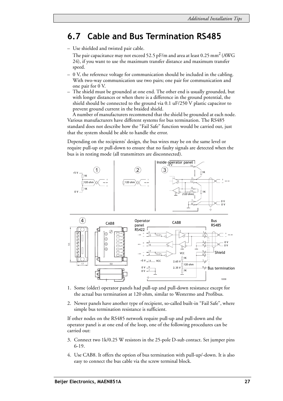 7 cable and bus termination rs485, Additional installation tips | Beijer Electronics EXTER K10m EN User Manual | Page 27 / 28