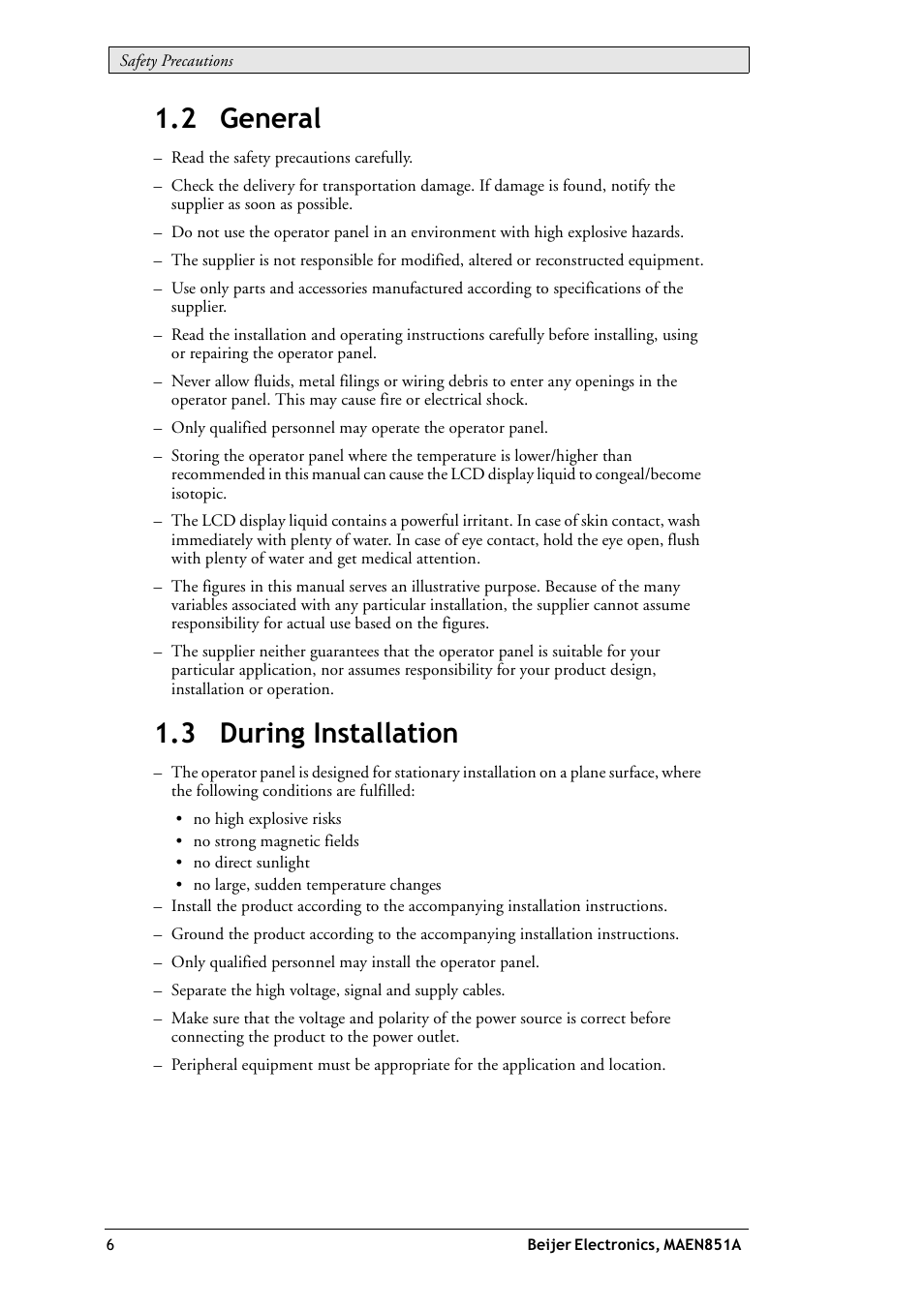 2 general, 3 during installation, 2 general 1.3 during installation | Beijer Electronics EXTER K10m EN User Manual | Page 6 / 28