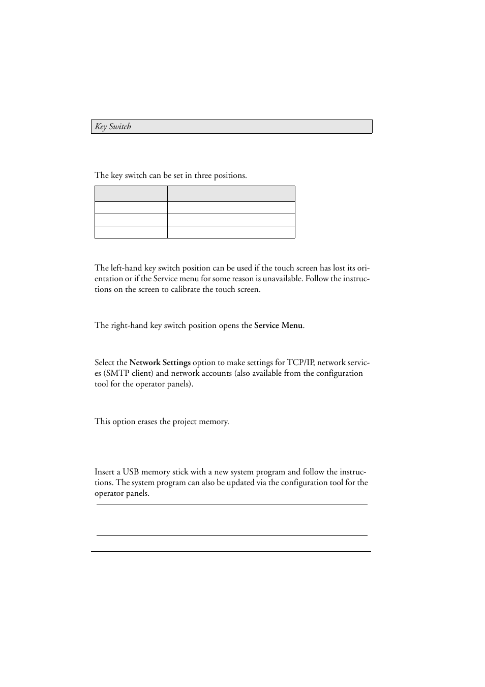 8 key switch, 1 touch screen calibration, 2 service menu | 1 network settings, 2 erase project memory, 3 update system program from memory card, Touch screen calibration, Service menu, 8key switch | Beijer Electronics M70 EN User Manual | Page 20 / 37