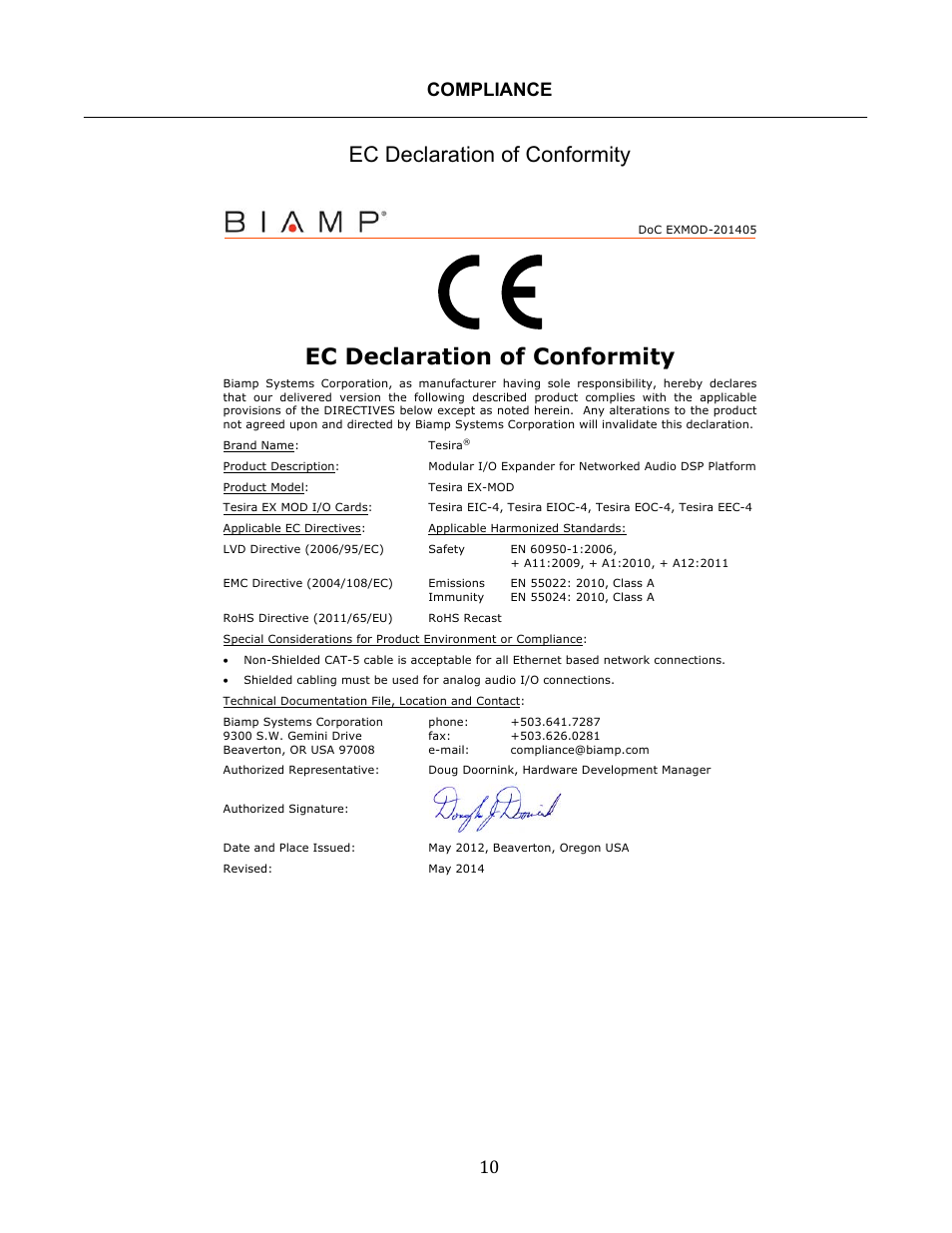 Ec declaration of conformity, Compliance 10 | Biamp Tesira EX-MOD User Manual | Page 10 / 28