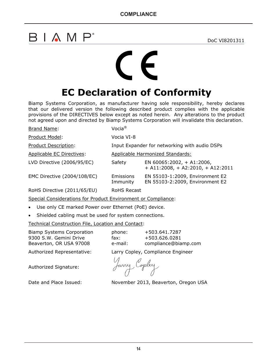 Ec declaration of conformity | Biamp Vocia VI-8 User Manual | Page 14 / 31