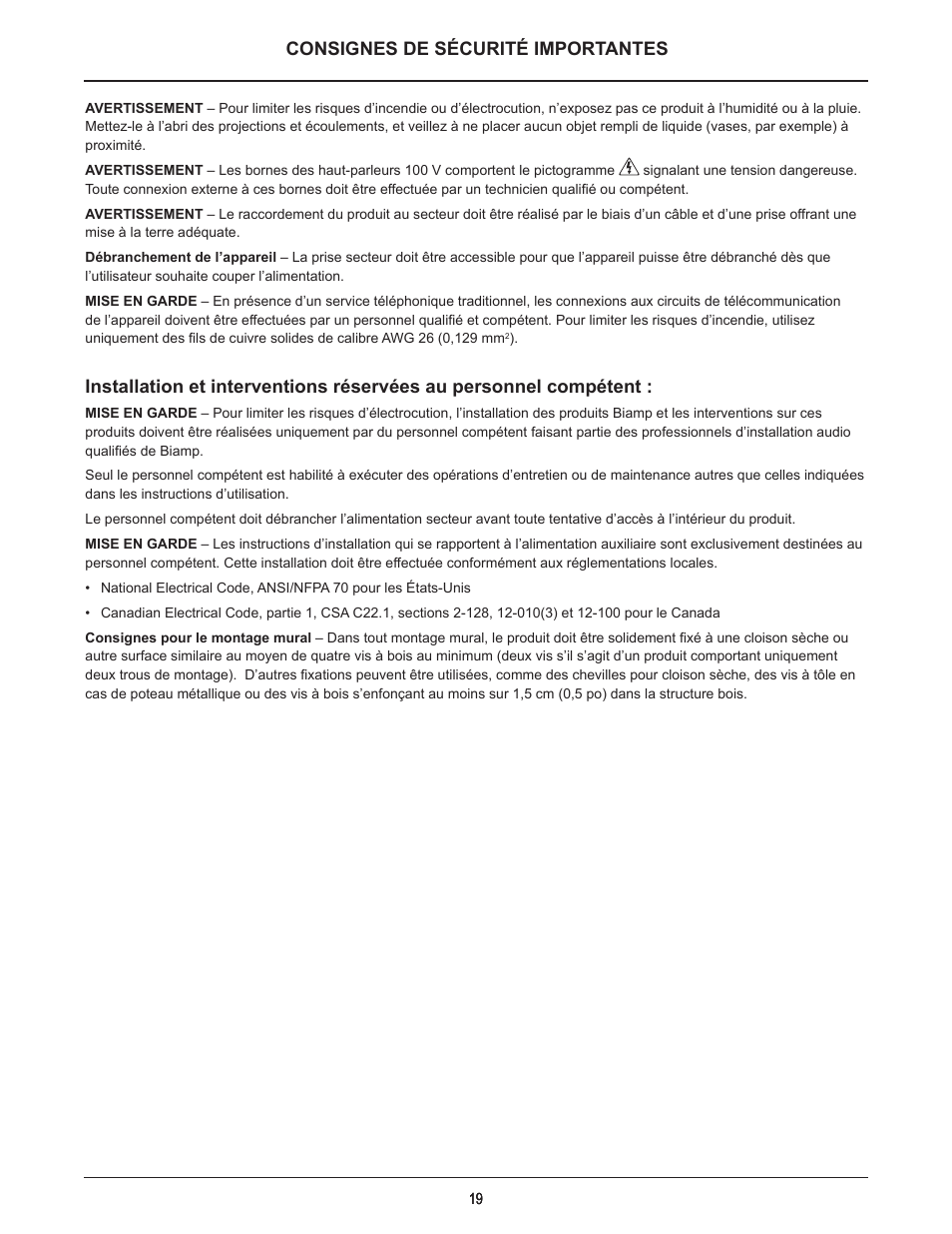 Consignes de sécurité importantes | Biamp Vocia VI-8 User Manual | Page 19 / 31