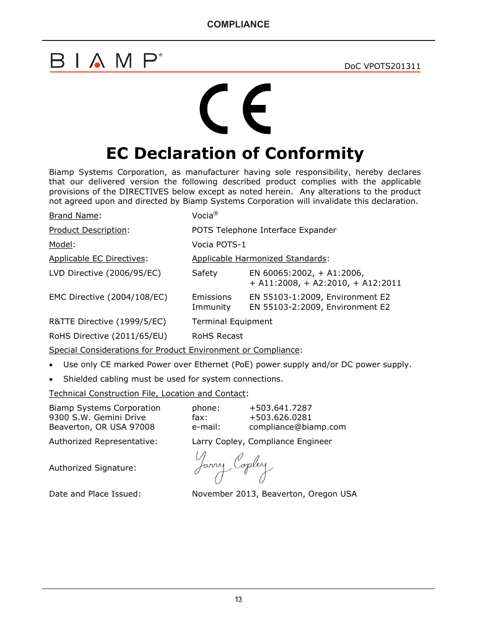 Ec declaration of conformity | Biamp POTS-1-4 User Manual | Page 13 / 30