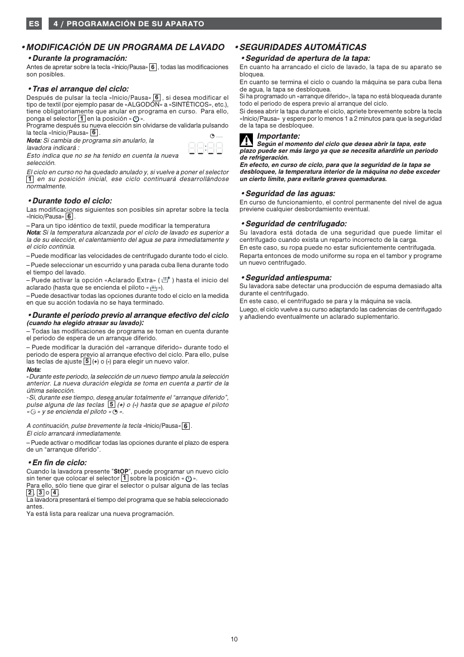 Modificación de un programa de lavado, Seguridades automáticas | Fagor FET-6412WS User Manual | Page 10 / 60