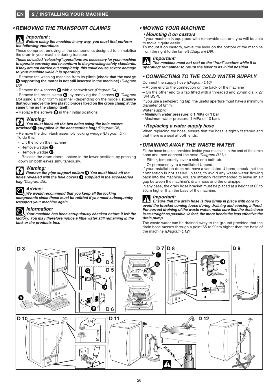 Moving your machine, Connecting to the cold water supply, Draining away the waste water | Fagor FET-6412WS User Manual | Page 26 / 60