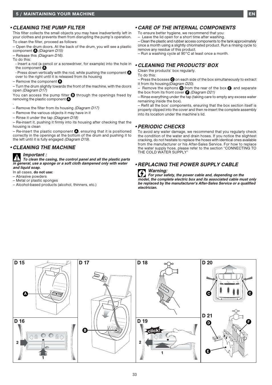 Cleaning the pump filter, Cleaning the machine, Care of the internal components | Cleaning the products’ box, Periodic checks, Replacing the power supply cable, D 16 | Fagor FET-6412WS User Manual | Page 33 / 60