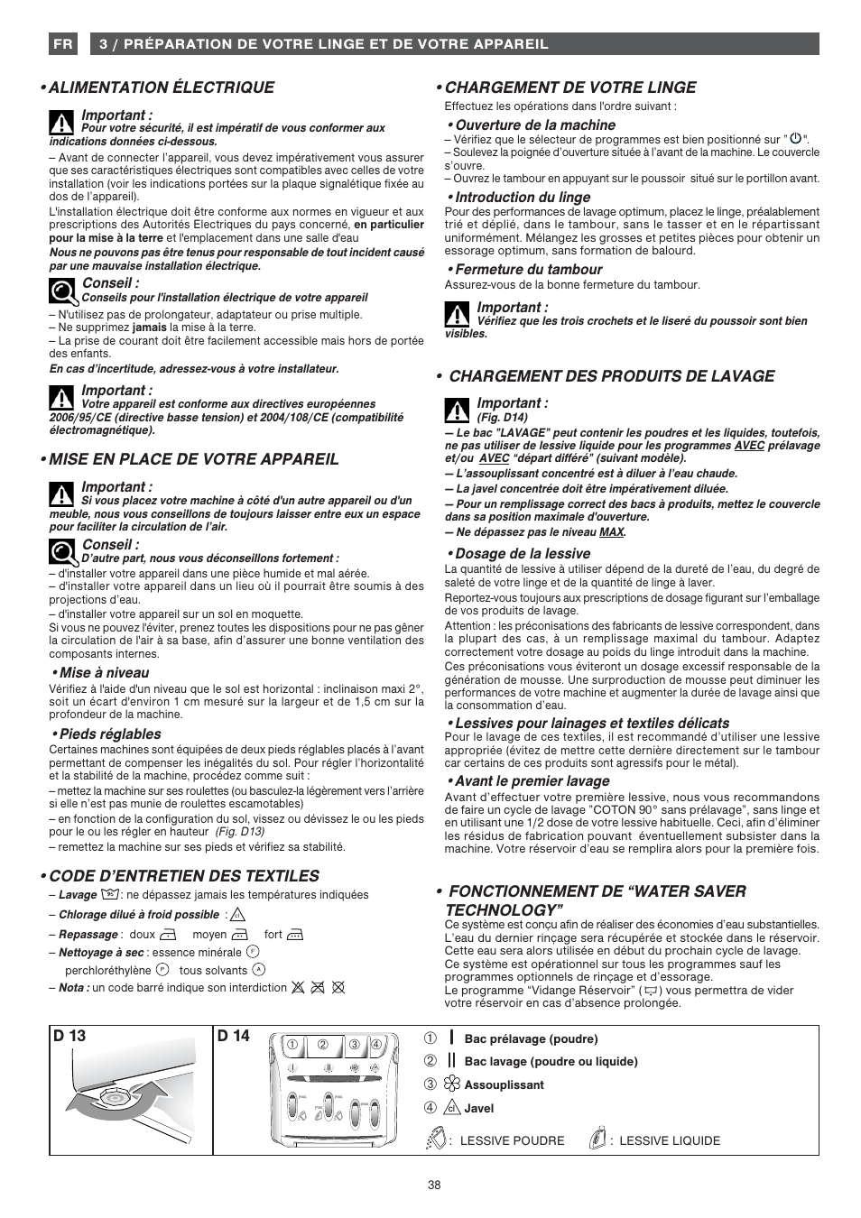 Alimentation électrique, Mise en place de votre appareil, Code d’entretien des textiles | Chargement de votre linge, Chargement des produits de lavage, Fonctionnement de “water saver technology, D 13 d 14 | Fagor FET-6412WS User Manual | Page 38 / 60